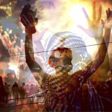 [A man raises his hands in prayer during the storming of Rabaa al-Adaweya Square. A man covers his face with a scarf during a pro-Islamist march in Helwan. A helicopter flies over Tahrir Square during the 25 January 2011 commemorations in 2014. Photo by Hamada Elrasam.]