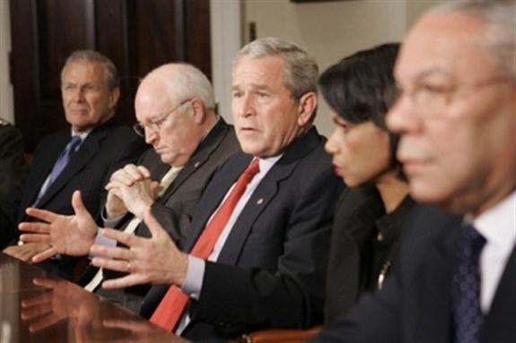 [Left to right: Donald Rumsfeld, Dick Cheney, George W. Bush, Condoleezza Rice, and Colin Powell. Image from Associated Press.]