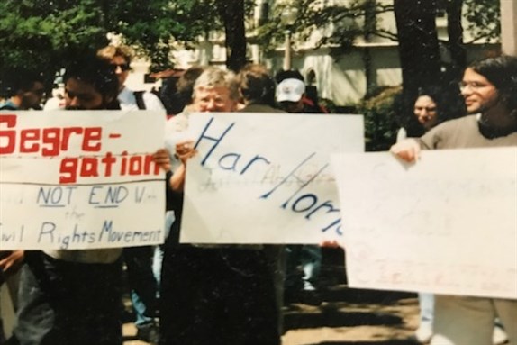 [Barbara Harlow at a protest at the University of Texas against Israeli settlement construction near Beit Sahour. Image by Sheila Contreras, via the author.]