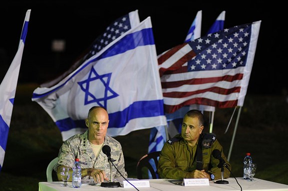 [Lt. Gen. Craig Franklin and Brig. Gen. Shahar Shohat at a press conference for a combined US-Israel military exercise, Austere Challenge 12; Image by Staff Sgt. Yuval Haker/IDF]