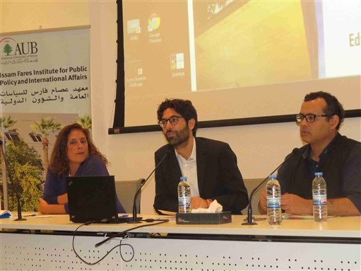 [Left to right: Lisa Hajjar, Karim Makdisi, and Vijay Prashad. Image courtesy of AUB.]