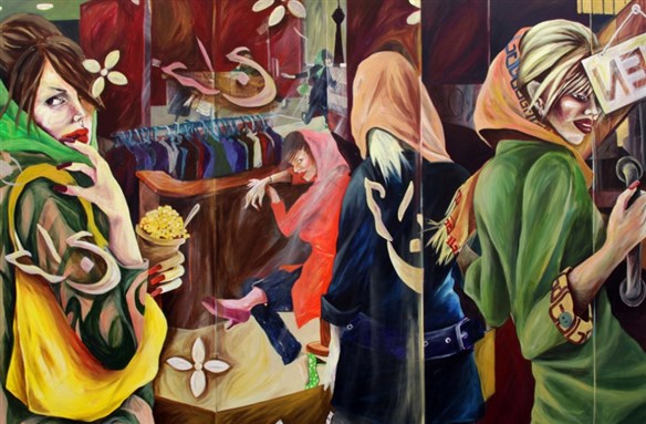 [“Tehran Shopping Malls” by Saghar Daeeri 100 x 150 cm Acrylic on canvas, 2008.]