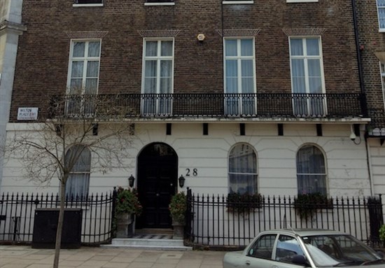 [28 Wilton Place, Gamal Mubarak’s London house. Image by George Richards.] 
