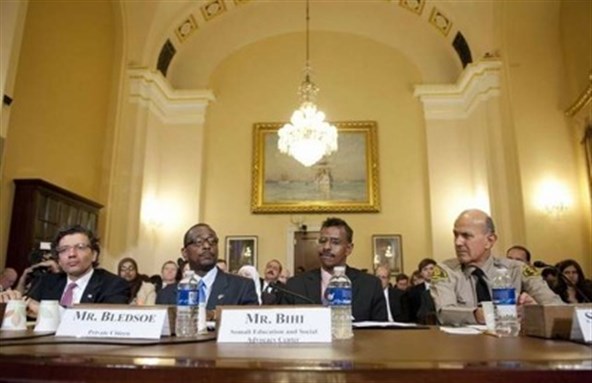 [The witness table at Peter King`s first \"radicalization\" hearing on March 10, 2011. Image from AFP]