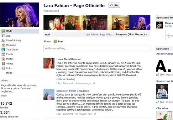 [Lara Fabian`s facebook page. Image from facebook.com]