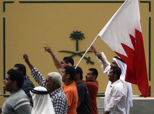 [Bahrainis protesting at Saudi Embassy in Manama. Image from washingtontimes.com]