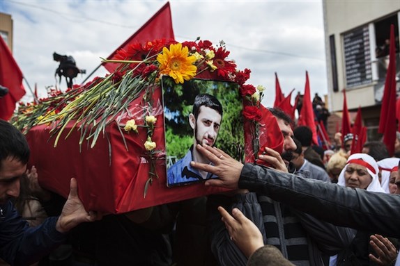 [Funeral ceremony for twenty-one-year-old protester Hasan Ferit Gedik, who was killed by a gang during an anti-drug protest in Gülsuyu Neighborhood, Istanbul. Photo by Saner Sen/NarPhotos.]
