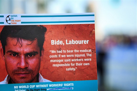 [The International Trade Union Confederation anticipates that more men will die building the infrastructure for the 2022 World Cup in Qatar than will actually take the field as players. 1 December 2012. Image from Omar Chatriwala/flickr]