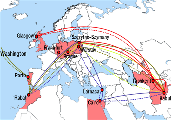 [Map of \"rendition\" illegal flights of the CIA, as reported by Rzeczpospolita. Image by Rama. From Wikimedia Commons.]