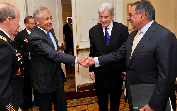 [Senator Chuck Hagel shakes hands with Secretary of Defense Leon E. Panetta at the Willard Intercontinental Washington Hotel, Washington D.C, 9 May 2012. Photo by Glenn Fawcett/Flickr.]