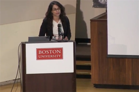 [Image of Noura Erakat at Right of Return Conference at Boston University. Crop of Screencap from Video Below.]