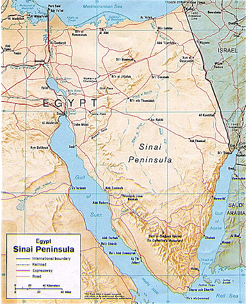 [Map of the Sinia Peninsula with country borders show. Image originally posted to Wikipedia]