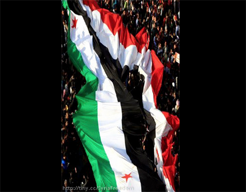 [Syrian and Egyptian flags raised in Tahrir Square, Cairo, Egypt on 18 February 2012. Image originally posted to Flicker by Freedom House]