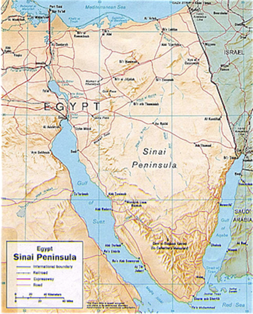 [Map of Sinai Peninsula with borders shown. Image originally posted to Wikipedia]
