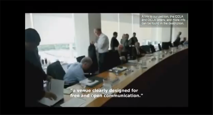 [Members of the York University Board of Governors walking out on Students Against Israeli Apartheid during a board meeting. Image screenshot from video below]
