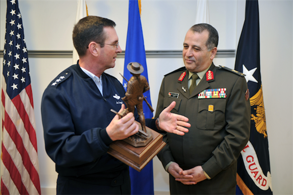 [Air Force Lt. Gen. Joseph Lengyel, Vice Chief of the National Guard Bureau, hosts Maj. Gen. Mohamed Elkeshky, Egyptian defense, military, naval and air attache to the United States, for an office call at the Pentagon on 4 March 2013. Image and description originally posted to Flickr by Army National Guard Sgt. 1st Class Jim Greenhill] 