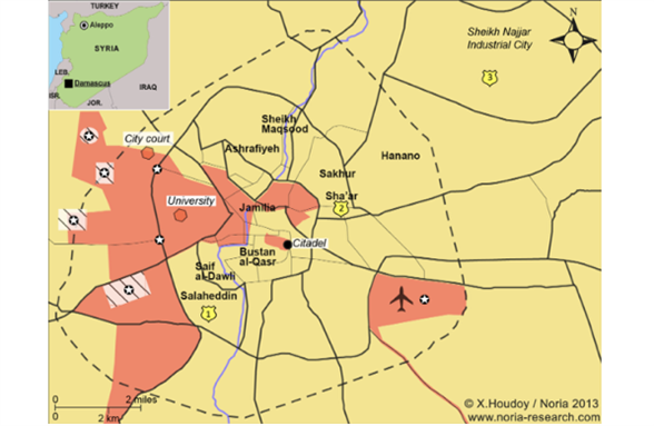 [An overview of the situation in Aleppo as of September 2013. Red areas are under government control.]
