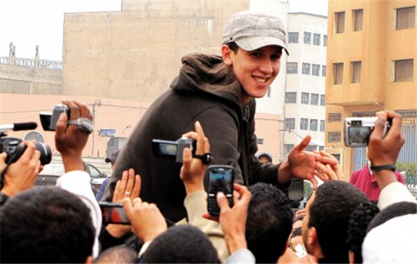 [Image of Mouad Belrhouate (El Haqed) after he was first released from jail in 2012. Image from Wikimedia Commons.]