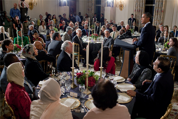 [President Barack Obama delivers remarks during an Iftar dinner. Image from U.S. Embassy, Jakarta/Flickr.]