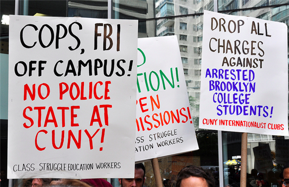 [Image of City University students protesting the arrest of Brooklyn College students, and the FBI’s harassment of Muslim and dissident students and faculty. Image by Michael Fleshman/Flickr.]