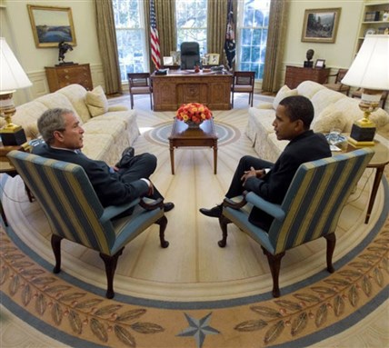 [Then President George W. Bush and then President-Elect Barack Obama meet in the White House on 10 November 2008. Photo by Eric Draper via Wikimedia Commons]