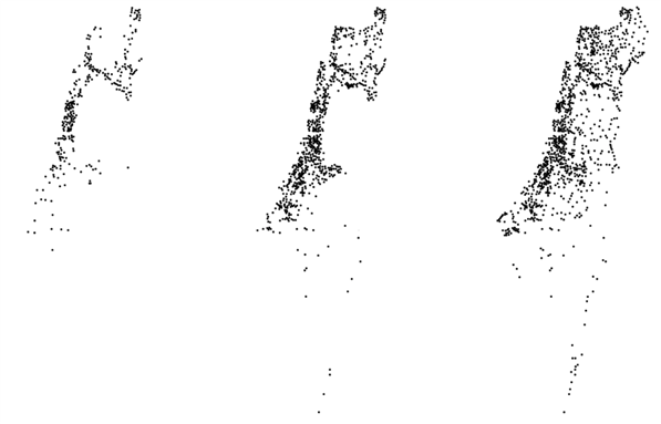 [Jewish population centres in Palestine/Israel in 1948, 1967, and 2000 (adapted from Malkit Shoshan, Vitala Tauz). Image via arenaofspeculation.org]