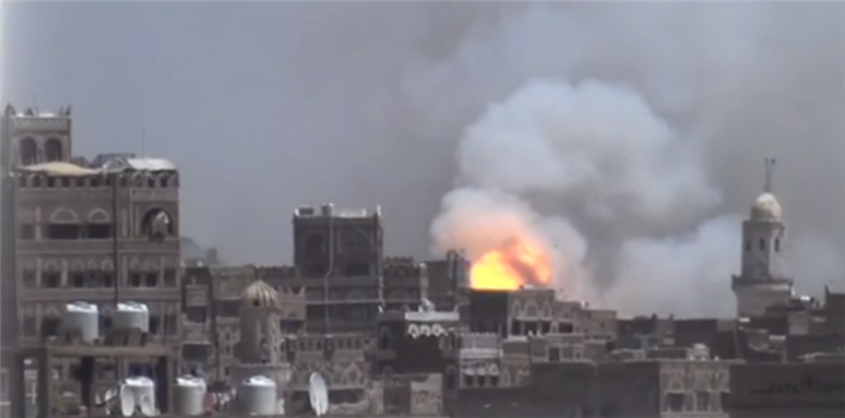 [Saudi bombing in Sanaa, 22 May 2015. Screenshot from RT video footage.]