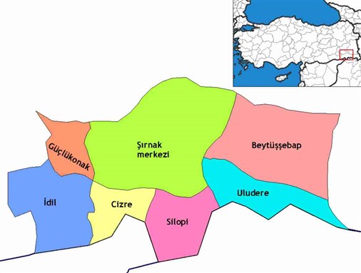 [Map showing Silopi, a district of Sirnak Province in Turkey`s southeastern Anatolia region]