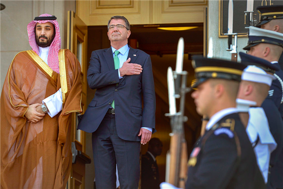 [U.S. Secretary of Defense Ashton Carter with Saudi Defense Minister Mohammad bin Salman Al Saud, Pentagon, 13 May 2015. Wikipedia.]