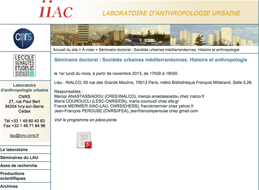Seminaire doctoral: Societes urbaines mediteraneennes: Histoire et anthropologie