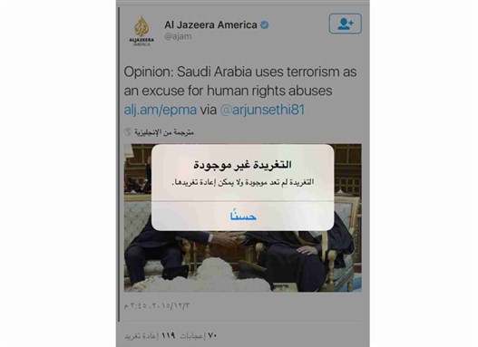 [Screenshot of Twitter showing deleted Al Jazeera America tweet that promoted Arjun Sethi`s piece when first published]