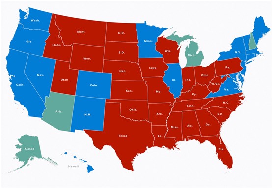[US Electoral College Map as of 9am EST Wednesday 9 November 2016. Image via Politico.com]