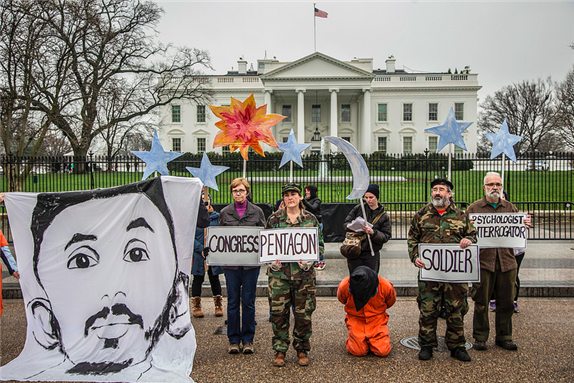  [Witness Against Torture protesters hold a demonstration outside the White House in January, 2016. Credit: Justin Norman at Shrieking Tree.] 