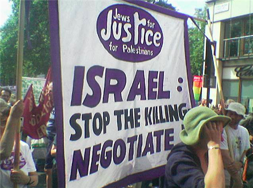 [Stop the killing: Negotiate. Jews for Justice for Palestinians: by traveler100, uploaded from Wikimedia Commons]