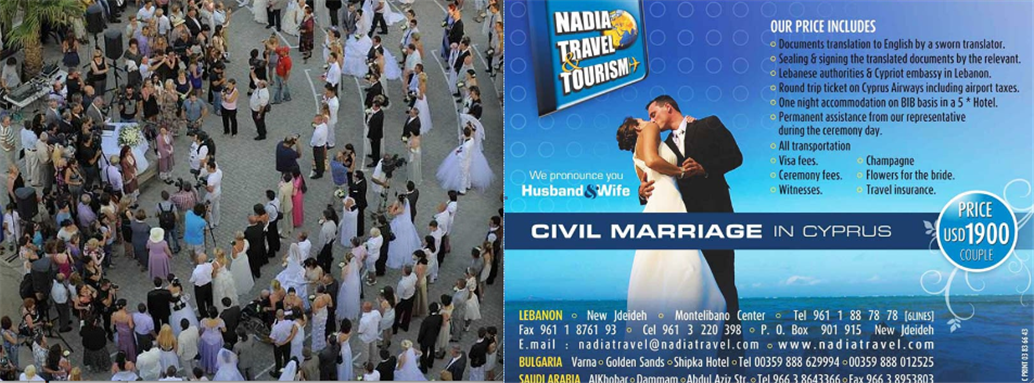 [Left: Israeli couples marrying in Cyprus. Image from Reuters. Right: Travel agency advertisment in Lebanon. Image from unknown archive.]