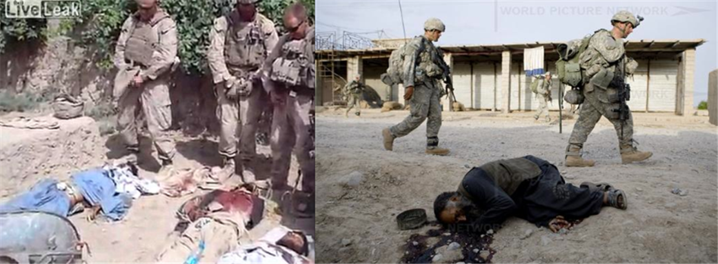 [Left: US Marines urinating on dead Afghans. Image from AFP. Right: Afghan civilian dead on the road. Image from unknown archive]