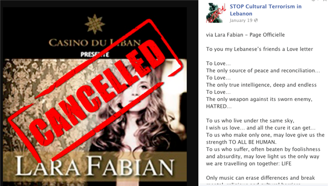 [Stop Cultural Terrorism in Lebanon. Image from the group`s Facebook page.]