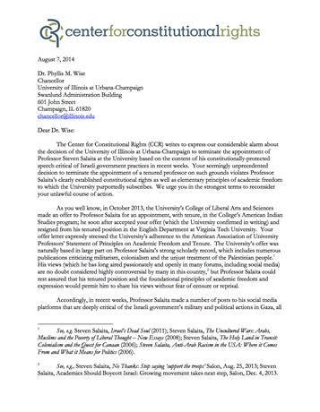 CCR Letter to University of Illinois Regarding Professor Steven Salaita