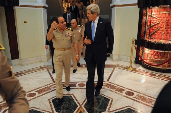 [Al-Sisi, as Minister of Defense, following a meeting with U.S. Secretary of State John Kerry after a meeting in Cairo, Egypt on 3 November 2013. Photo: Department of State]