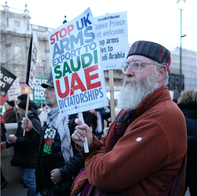 A 2018 protest against UK arms exports to Saudi Arabia and the United Arab Emirates. Photo via Wikimedia Commons.