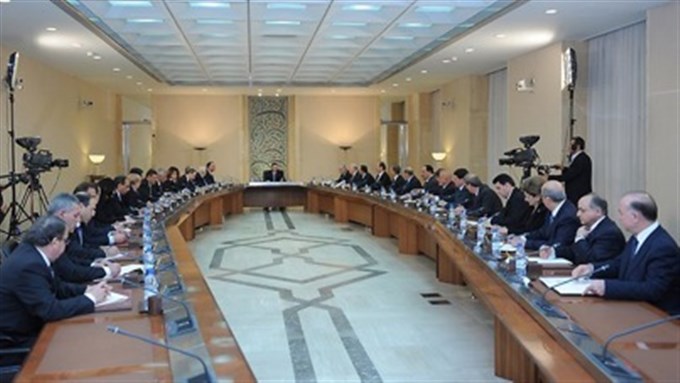 [President Bashar al-Asad addressing his newly formed cabinet in April 2011. Image from dailytelgraph.com]