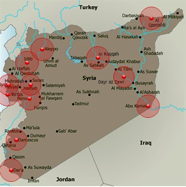 [Map of protests in Syria. Image from pomed.org]