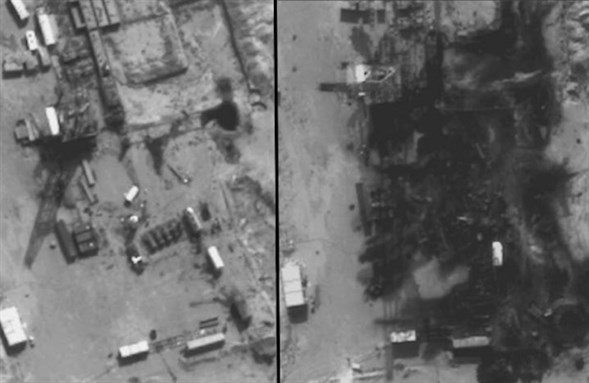 [Crop of image from Slide presentation from Department of Defense Press Briefing by Rear Adm. Kirby in the Pentagon Briefing Room. Fighter aircraft from Saudi Arabia, United Arab Emirates and the United States attacked modular oil refineries in eastern Syria controlled by the Islamic State of Iraq and the Levant, Sept. 25, 2014.]