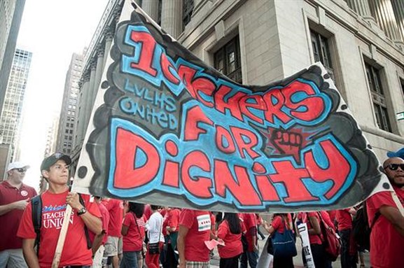 [Demonstrators as part of the Chicago Teachers Union strike on 10 September 2012. Image by Sierraromeo via Flickr.]