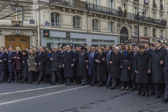 [March following the attack against the newspaper \"Charlie Hebdo,\" Paris, 11 January. Photo by Frederic Legrand - COMEO / Shutterstock.com]