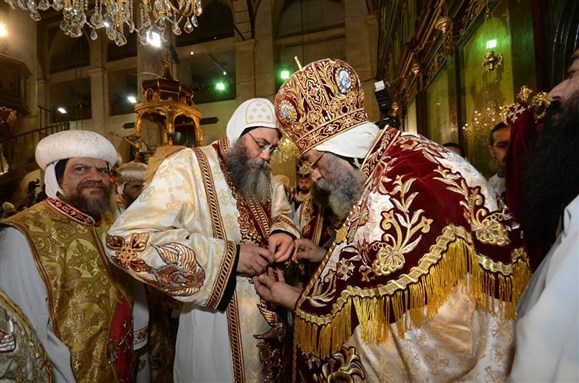 [The ordination ceremony of Archbishop Theodor Antonine as the new Coptic Orthodox Metropolitan Archbishop for Jerusalem and the Near East by Pope Tawadros II on 28 February, 2016. Photo from Aswat Masriya.]