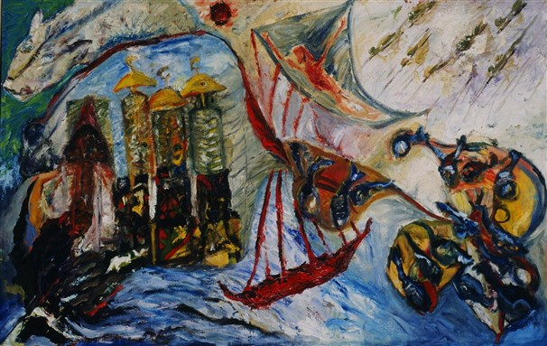 [Detail of Wafer Shayota`s \"The City, River, and Minarets.\" Image copyright the artist]]