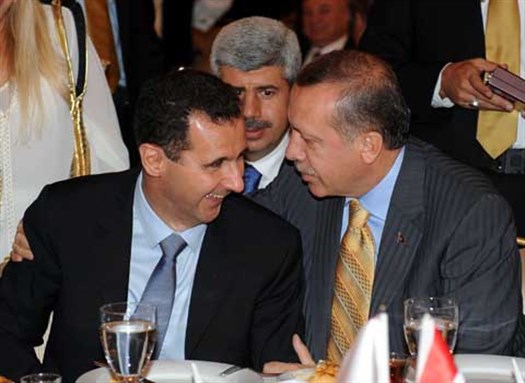 [Turkish Prime Minister Erdogan meets with Syrian President Bashar al-Assad. Image from unknown archive.]