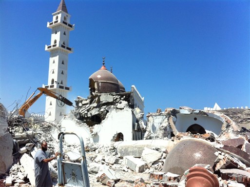 [The August 25 desecration of Tripoli`s Sidi Shaab Mosque is one casualty of the string of attacks against historic Libyan monuments. Image from @HA_FGM.]
