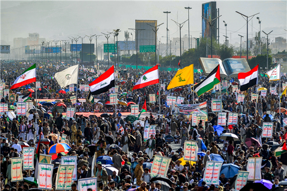 Yemenis taking part in a weekly protest in Sanaa in support of Palestine